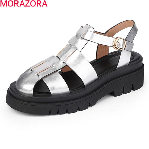 

morazora summer women sandals genuine leather ladies casual shoes square heels round toe platform sandals for woman 210506, Black