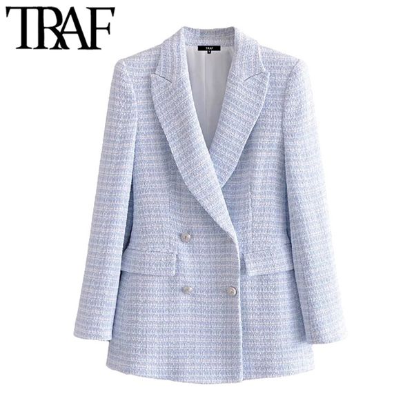 

traf women fashion double breasted tweed check blazer coat vintage long sleeve pockets female outerwear chic veste 211104, White;black