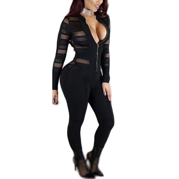 

women's jumpsuits & rompers women solid color lure skinny jumpsuit splice hollow romper stitching zipper see-through slim, Black;white