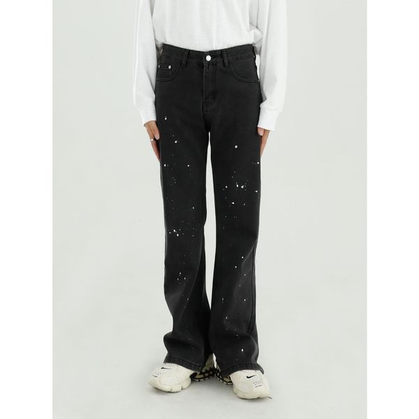 

male streetwear vintage fashion loose jeans trousers men paint broken hem small bootcut casual denim pant, Blue