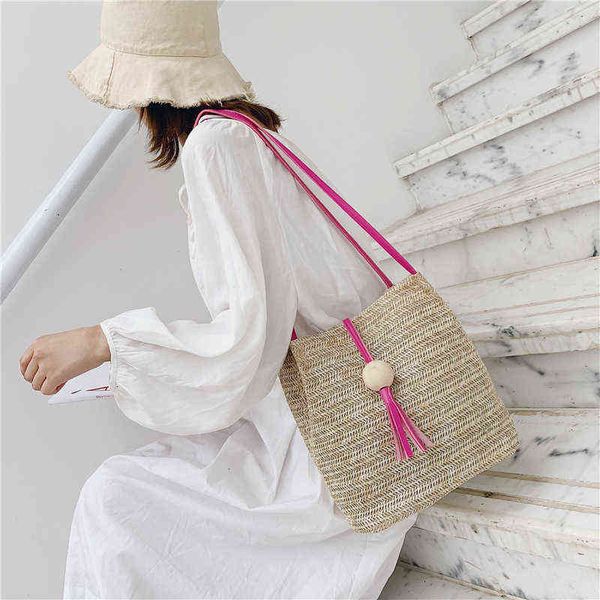 

hbp non-brand korean official website same bucket single shoulder straw summer wooden ball tassel cross bag sport.0018