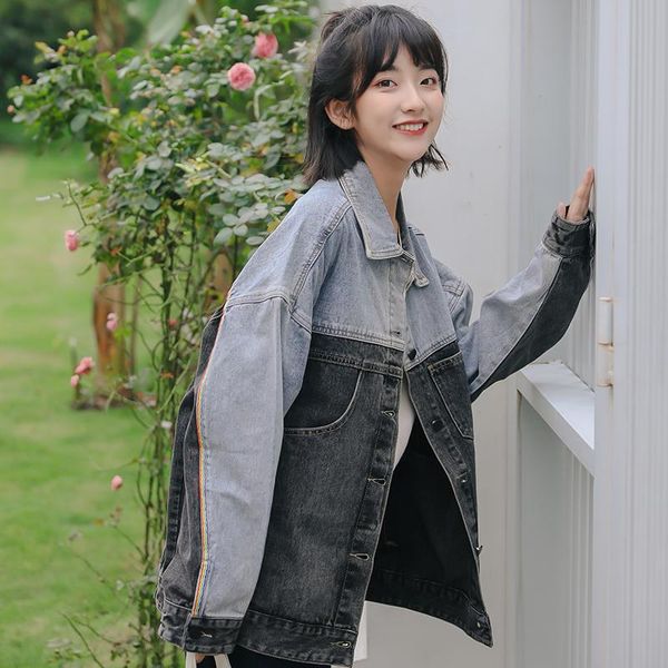 

autumn korean style loose retro stitching denim jacket women's jackets, Black;brown