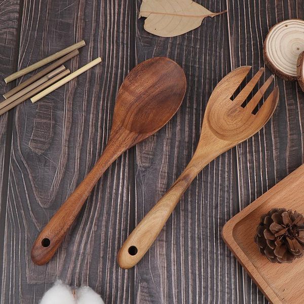 

spoons 1pcs wooden spoon salad fork large serving set wood kitchen utensils long handle soup ladle server tableware