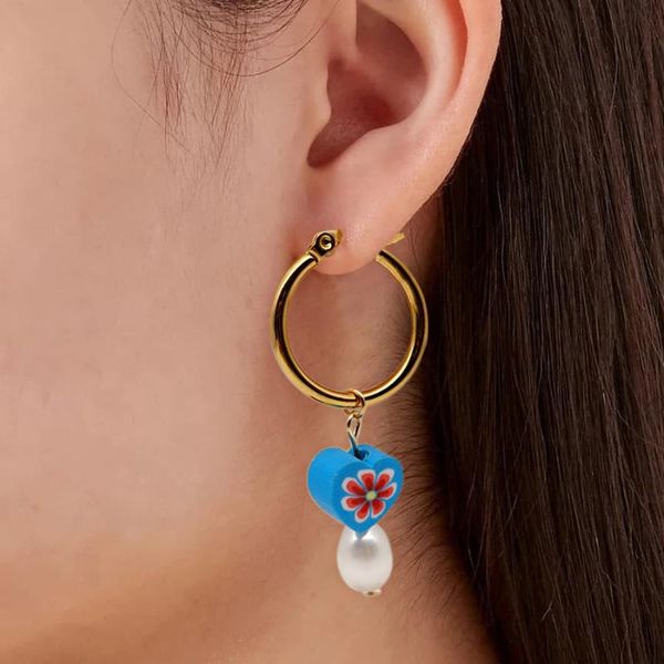 

hoop & huggie aomu 2021 trendy summer bohemian colorful soft ceramic heart earrings for women pearl jewelry accessories, Golden;silver