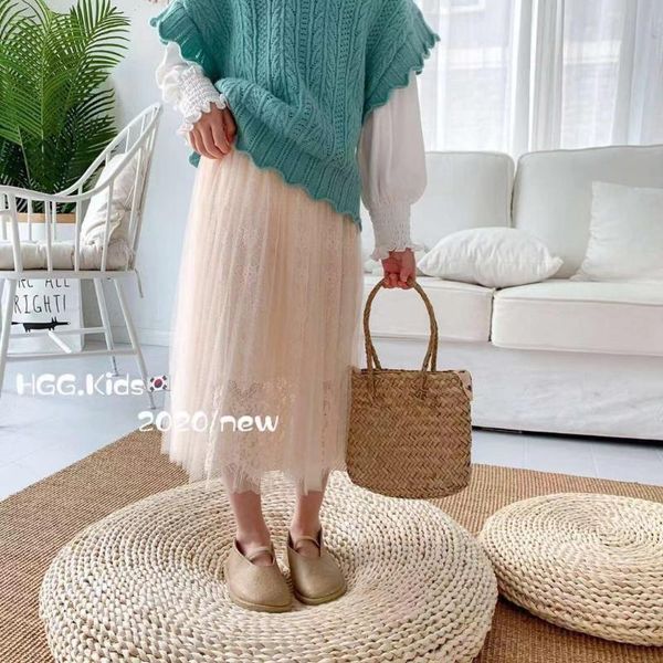 

spring girls foreign style wild mesh skirt long lace princess pleated skirts