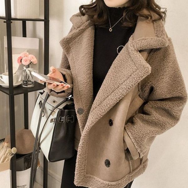 

women's jackets lapel lambs wool coat loose bf wind fur one suede motorcycle jacket winter, Black;brown