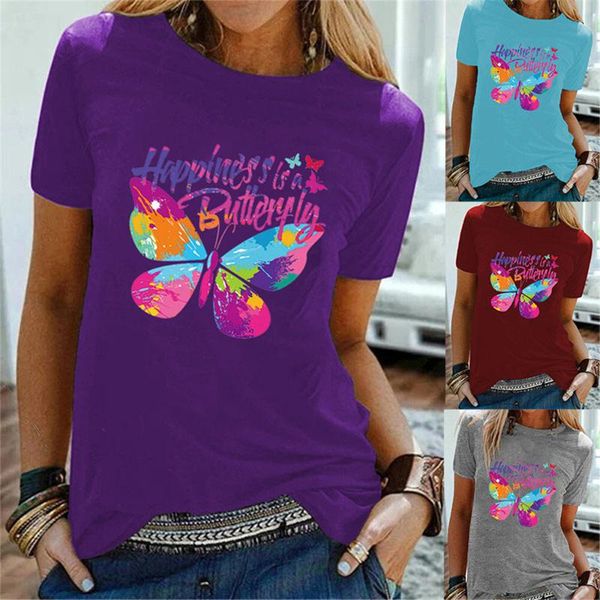 

women's t-shirt happiness is a butterfly letter print women t shirts o-neck short sleeve elastic casual female summer fashion, White