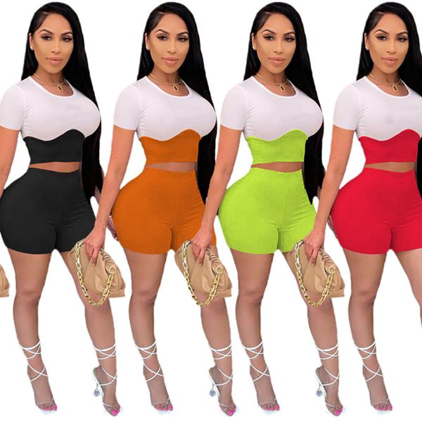 Novo verão feminino jogger ternos roupas plus size 2xl fatos de treino manga curta camisetas topo colheita + shorts conjunto de duas peças casual branco preto roupas esportivas carta 4828