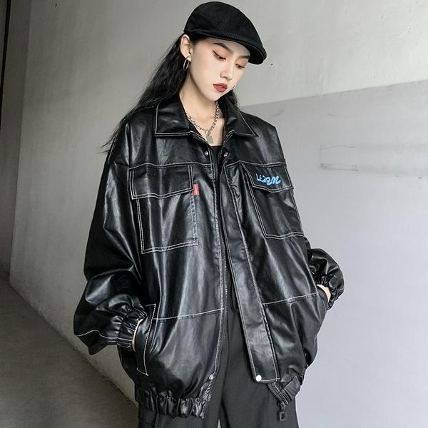 

women's leather & faux retro coat loose ins trend dark jacket open line overcoat, Black