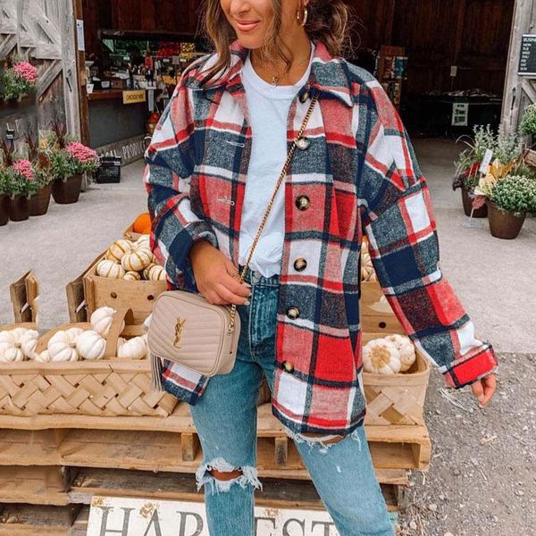 

women's jackets turn down collar button plaid shirts 2021 autumn casual fashion long sleeve oversized jacket loose coat streetwear fema, Black;brown