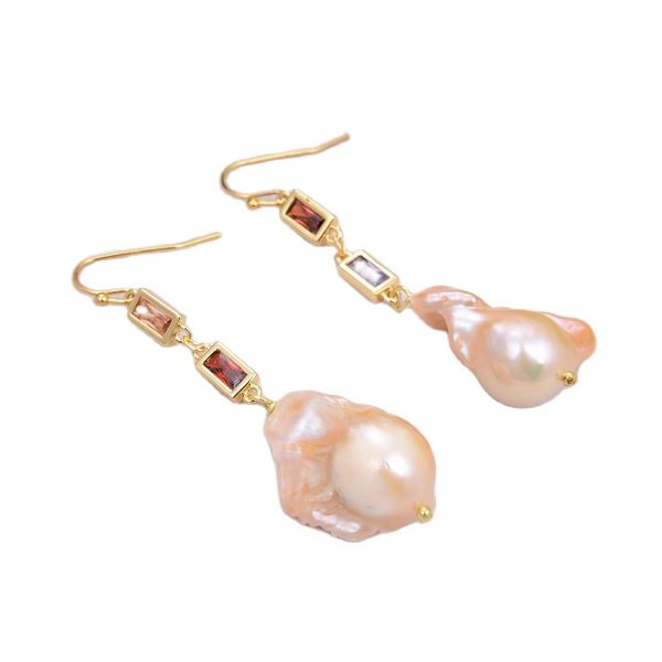 

guaiguai jewelry cultured pink keshi baroque pearl cz pave chain dangle hook earrings handmade for women real gems stone lady fashion jewell, Silver