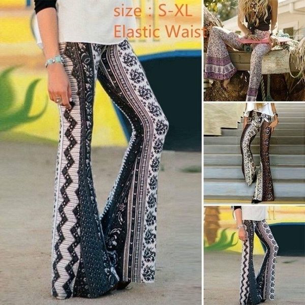 

women's pants & capris ladies bohemian elastic waist print big flare, Black;white