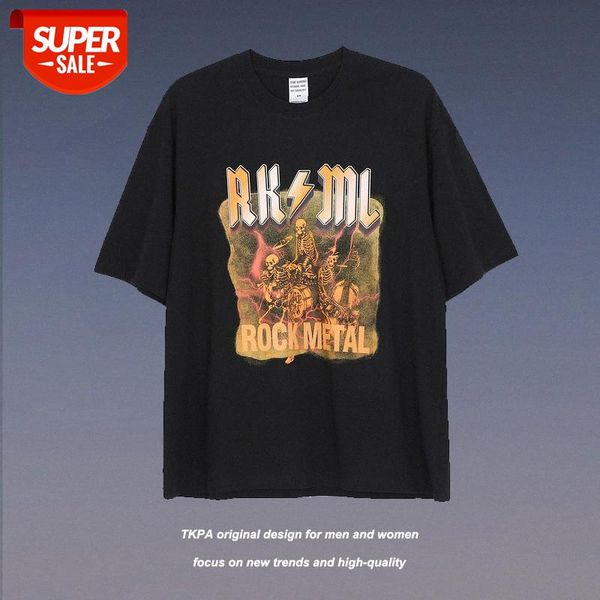 

streetwear men summer european and american high street rock band t-shirt male couple loose casual round neck short sleeve tide brand #fm4j, White;black