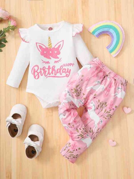 

baby slogan and unicorn print ruffle trim bodysuit & pants she, White