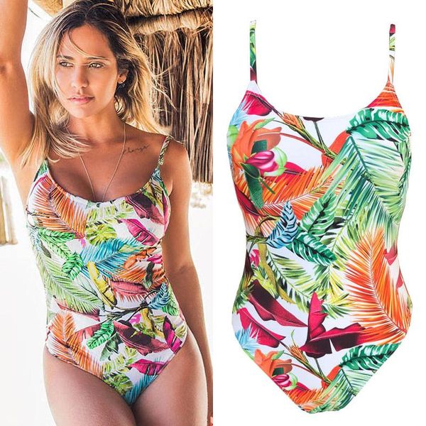

one-piece suits 2021 leaf print bikini women swimwear bandage swimsuit halter bodysuit brazilian monokini maillot de bain femme