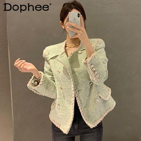 

women's wool & blends korean fashion french temperament large lapel woolen coats double breasted loose all-match long sleeve tweed jack, Black