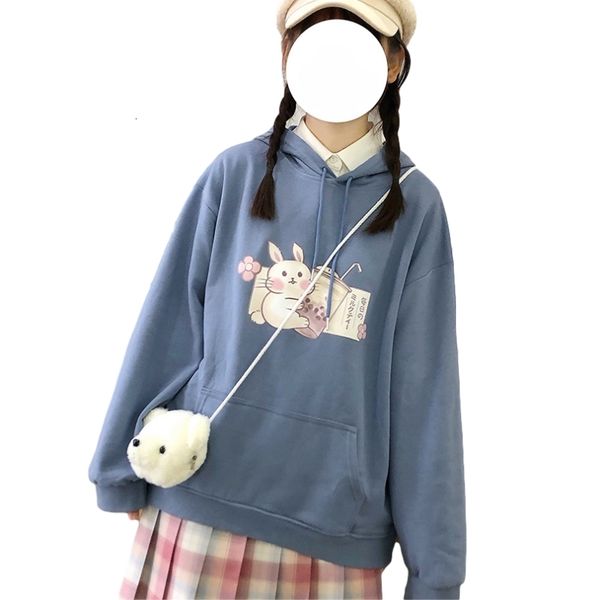 

harajuku kawaii bunny anime hoodies women cute cartoon print long sleeve hooded sweatshirts teens soft girl graphic clothes, Black