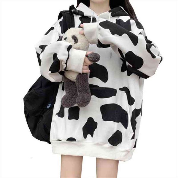 

cow print women hoodies autumn winter thick female hoodie oversized ladies sweatshirt hooded casual warm woman hoodies, Black