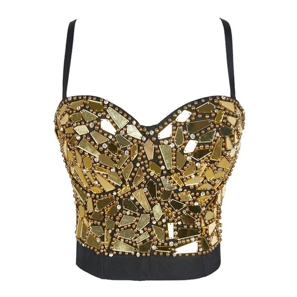 Atoshare Sexy Donna Argento Oro Paillettes Strass Top Lady Rave Outfit Pearl Glitter Top Bustier Corsetto femminile Crop Top Strass 210401