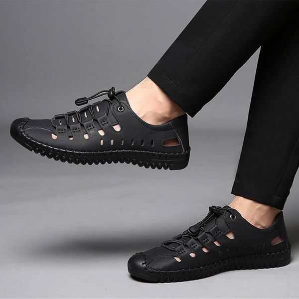 

sandals genuine leather 2021 summer shoes men solid casual hommes chaussures hollow elastic band sewing men's, Black