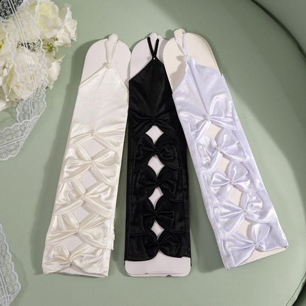 

bridal gloves 5 color femme fingerless for women hollow elbow length beaded bow wedding prom party s295, White