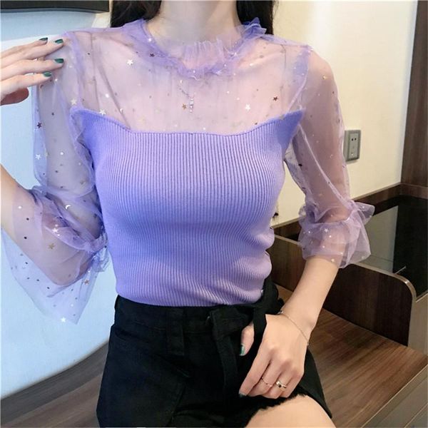 

women's t-shirt mesh patchwork sequined women t shirt thin knitted solid color elastic female tshirt half sleeve summer woman retro tee, White