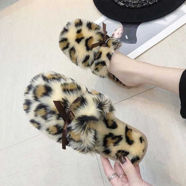 

slippers winter fur slides women shoes woman warm flip flops leopard fluffy soft flat ladies home indoor 2021, Black