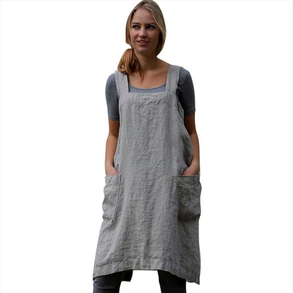 

cotton linen pinafore square womens dresses cross apron garden work, Black;gray