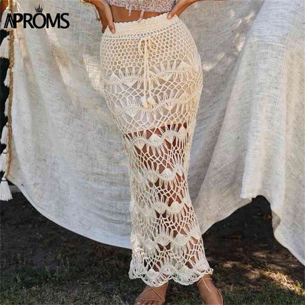 Aventais Bohemia Crochet Kintted Longo Maxi Saia Mulheres Vintage Algodão Escavado Saias Senhoras Verão Praia Lápis 210619