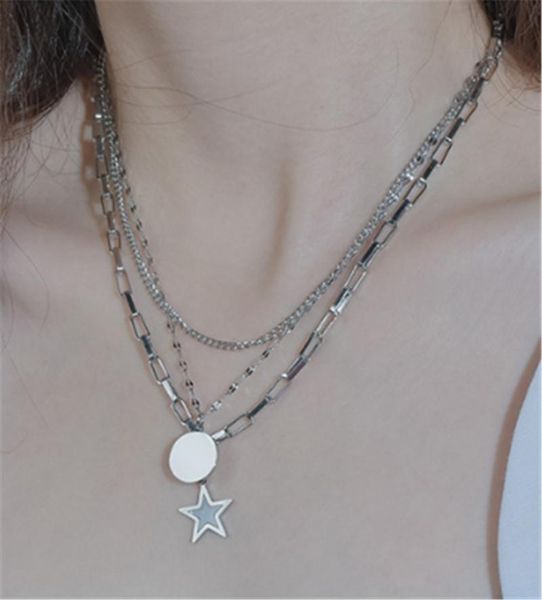 

pendant necklaces 316l stainless steel titanium necklace men's and women's five-pointed star multilayer round sign long, Silver