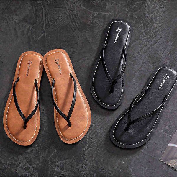 

women beach flip flops 2021 summer flat shoes woman slip on sandals non-slip sole solid color female fashion flip flop slides y220221, Black