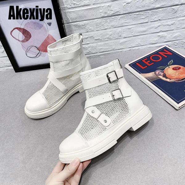

hollow out mesh summer ankle boots for women breathable zipper lace up casual shoes woman low heels short booties white bc321, Black