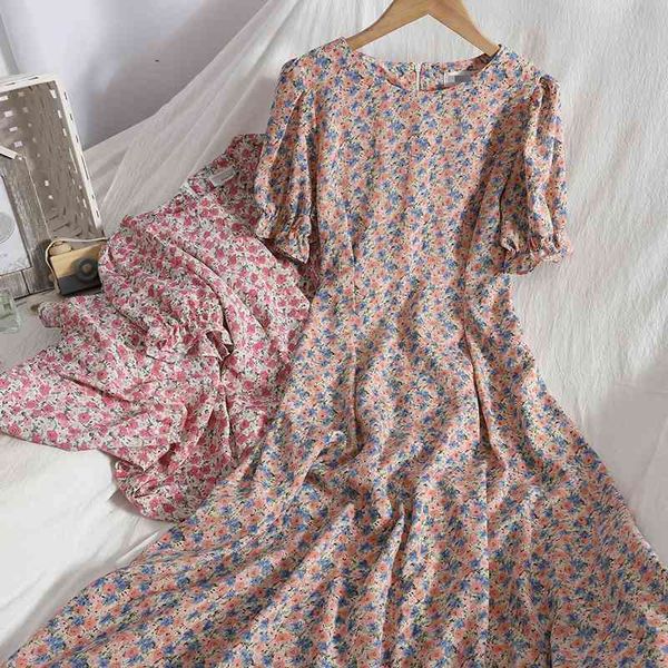 

casual dresses fashion holiday floral dress for womens summer style puff sleeve slim beach elegant korean o neck a-line long dress, Black;gray