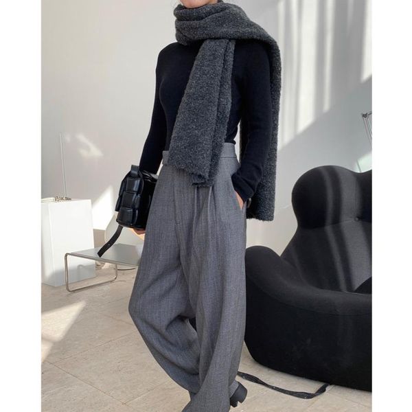 

scarves winter french simple warm comfortable wool black and white scarf granular fashion solid color soft knitted shawl women, Blue;gray