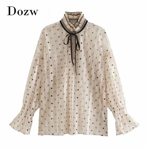 

see through dot blouse women butterfly long sleeve chic shirt female bow tie neck stylish ladies lace mesh 210515, White