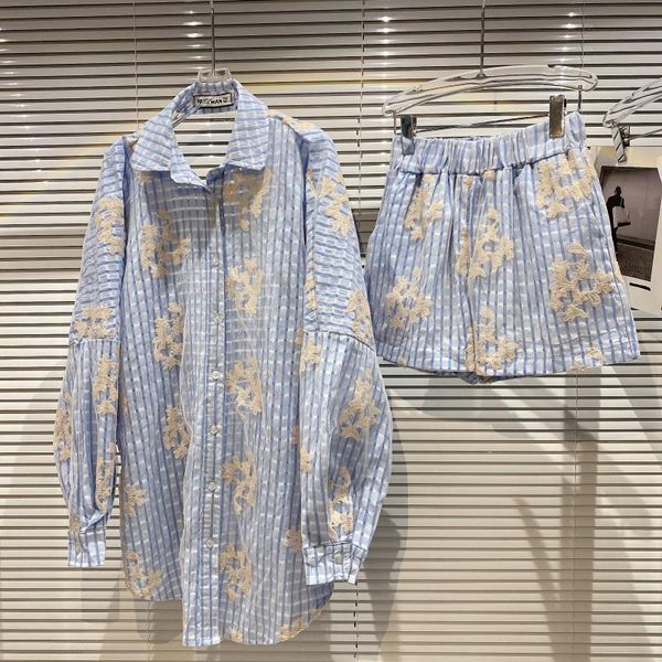 

women's tracksuits embroidery open back drawstring shirt + shorts plaid two piece set 2021 summer suit, Gray