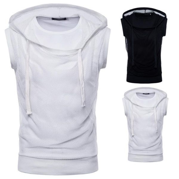 

men's t-shirts 2021 summer slim solid color hip-hop mesh hooded sleeveless t-shirt, White;black