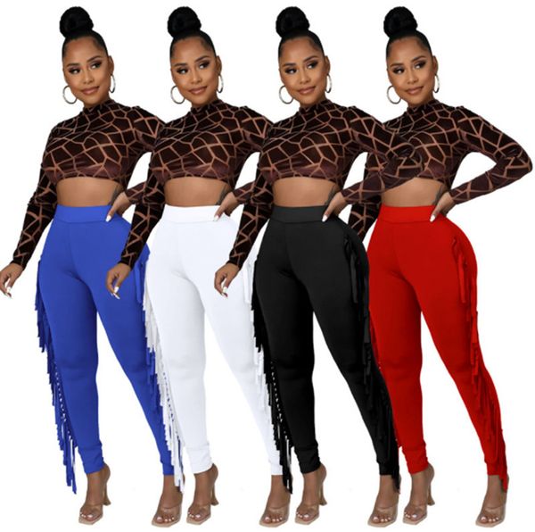 

tassels fall winter clothing women pencil pants bodycon leggings nightclub fashion solid high weist one piece capris 6890, Black;white