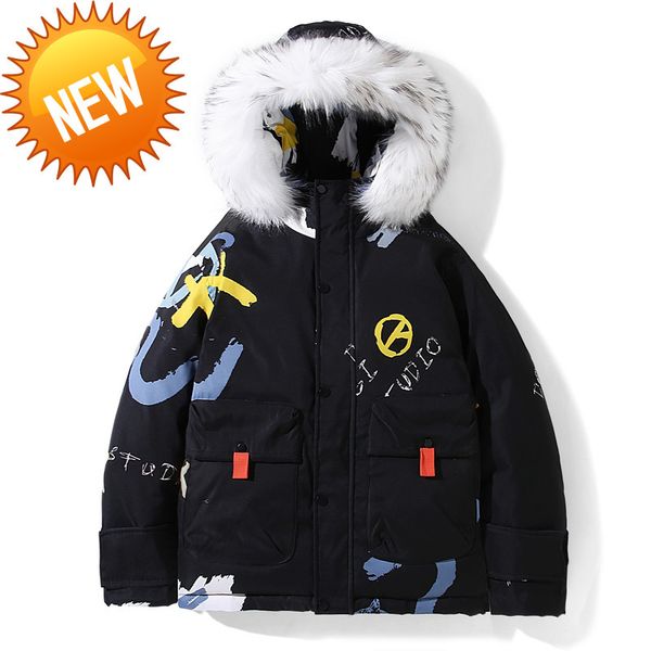 

winter hooded jacket men white duck down parkas male thicken warm wireaker fur colllar coats casual graffiti printed outwear, Black
