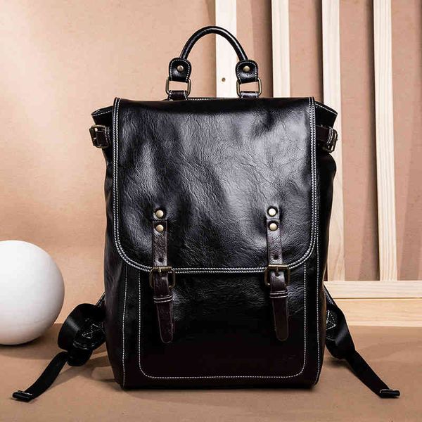 

backpack fashion men's square soft leather simple bag black versatile college
