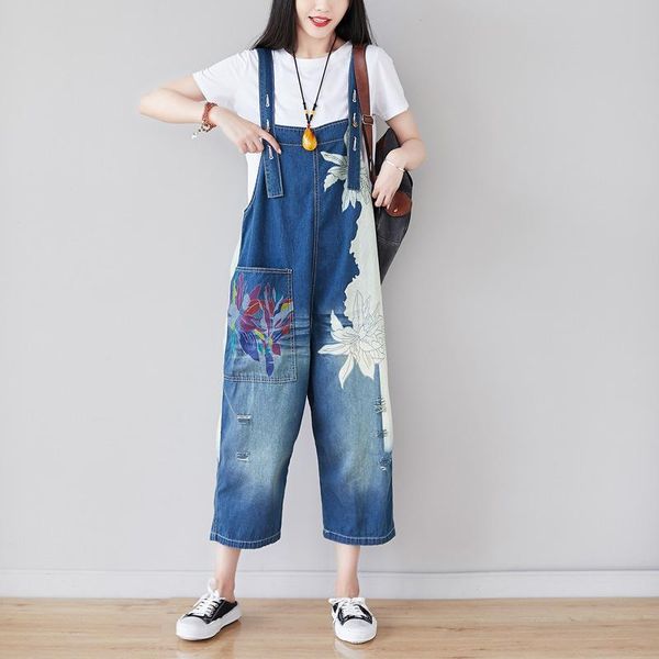 

fashion loose leisure retro patchwork print pockets adjustable denim jumpsuits 2021 floral rompers women jeans wide leg pants women's &, Black;white