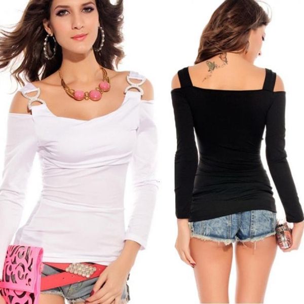 

autumn t-shirt women shirt pullover off the shoulder full sleeve slim casual women's t-shirts t shirts, White