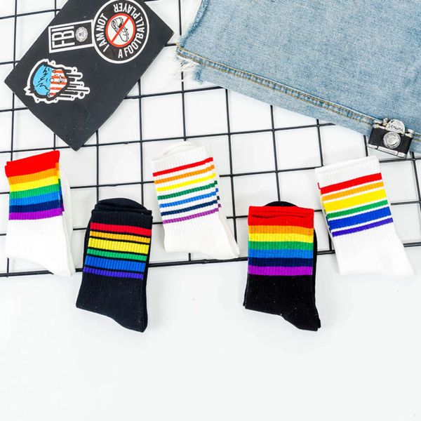 

harajuku cool skateborad rainbow socks art women fashion white cotton cocks hipster cartoon colored ankle for female, Black;white