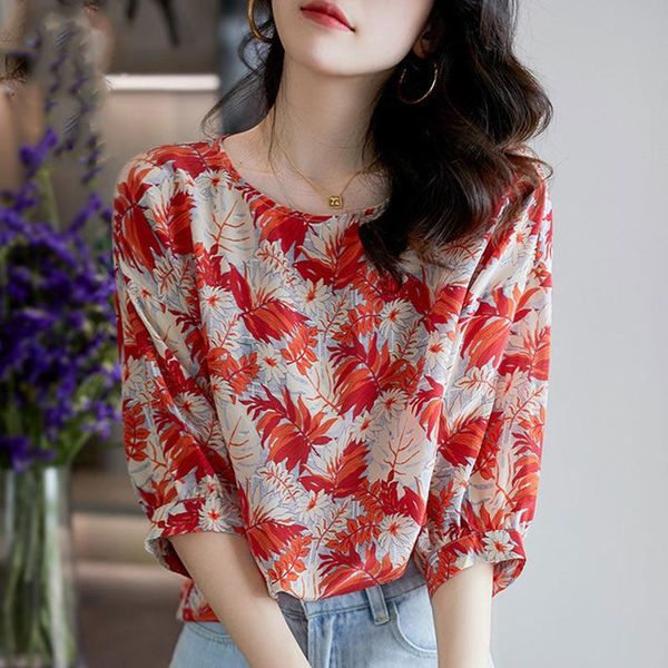 

women's blouses & shirts floral print plus size for women summer puff sleeve elegant ladies casual loose tee shirt 2021 white