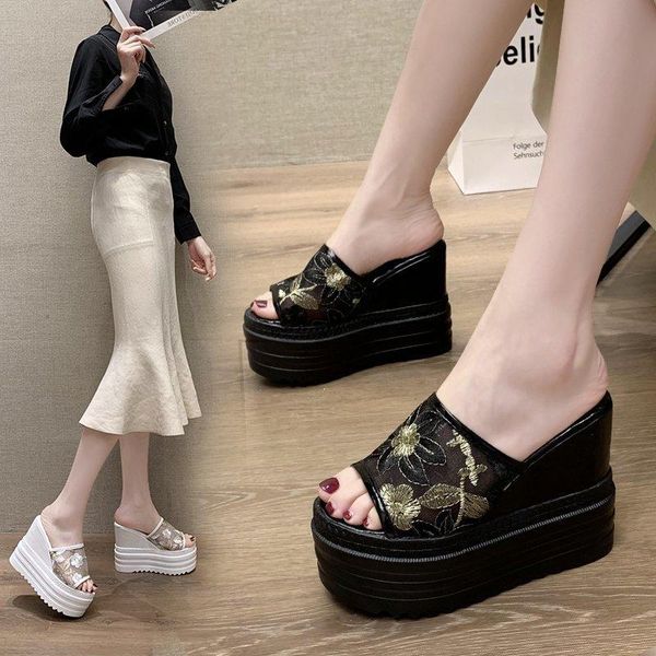 

slippers shoes woman 2021 casual pantofle on a wedge low peep toe platform increased internal luxury summer fashion slides f, Black