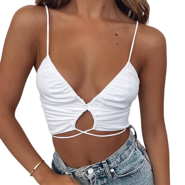 

women's tanks & camis summer solid color camisole spaghetti strap deep v neck sleeveless exposed navel cross tie-up crop cami, White