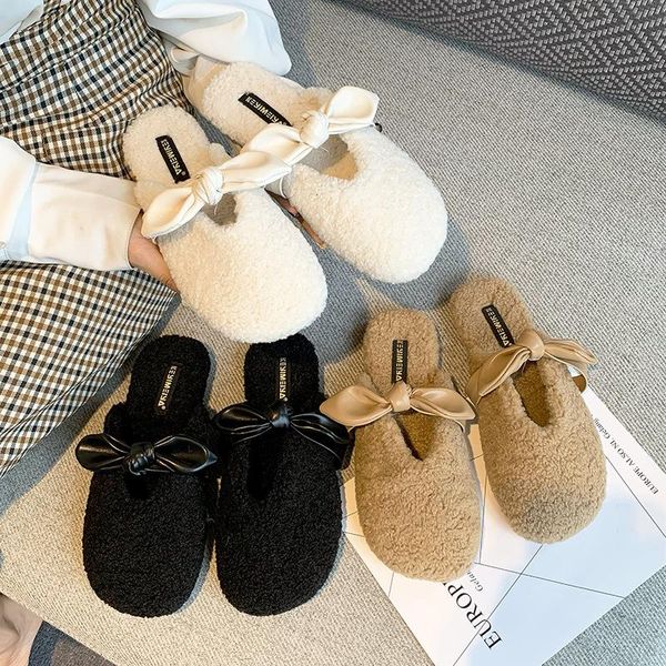 

slippers rubber flip flops shoes woman 2021 flat butterfly-knot pantofle cover toe luxury slides low flock fur sliders hawaiian, Black