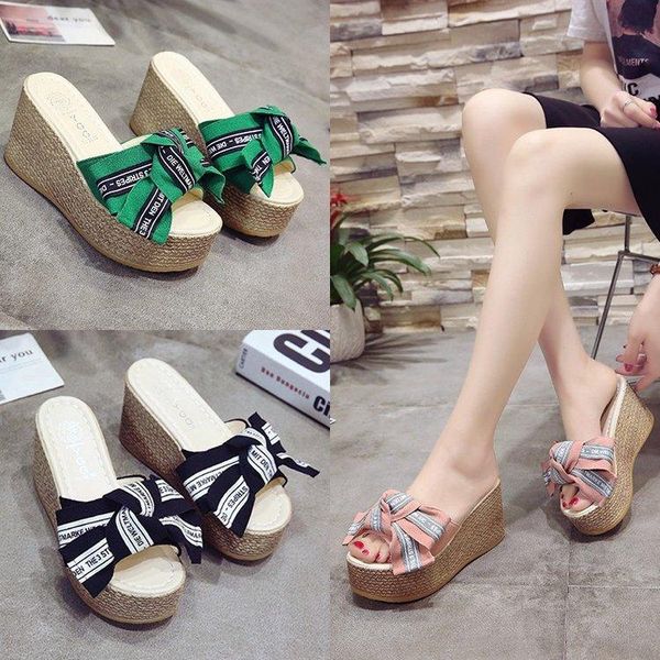 

olly murs2021platform wedge slippers women outside shoes clog riband butterfly-knot sandals girls flip flop slidespantouflefemme, Black