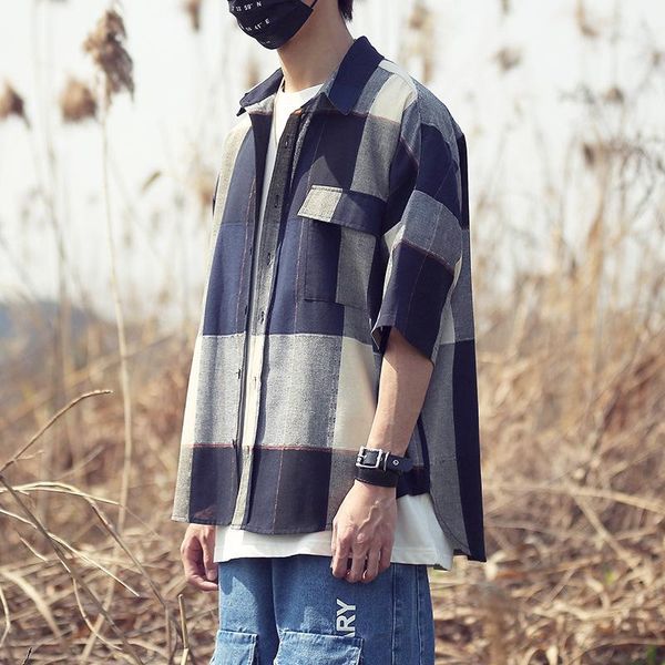 

summer big plaid shirt men's tide brand fashion europe and american loose preppy style printed x027 casual shirts, White;black