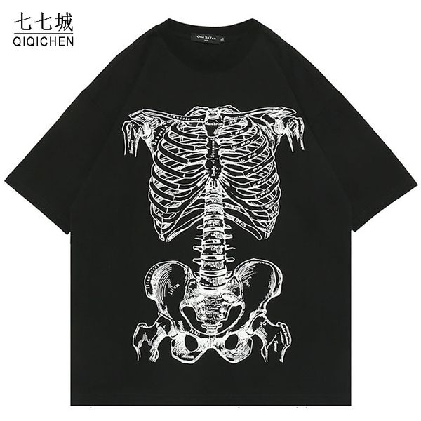 

hip hop skeleton skeleton t shirt men vintage harajuku summer demon fashion casual streetwear couple, White;black